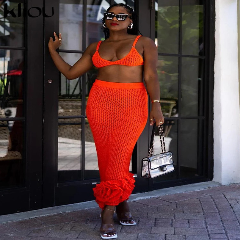 kliou Summer Women Knitted Two Piece Set Solid Sheer Sexy Cleavage CamisoleHigh Waist Stacked Slim Hip Skirts Female Attirewear 240423