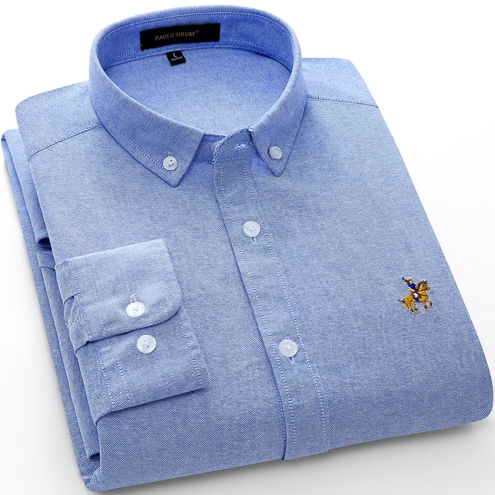 European Cotton Oxford Mens Long Sleeve Solid Color Shirt Large Cotton Embroidery Shirt 210316