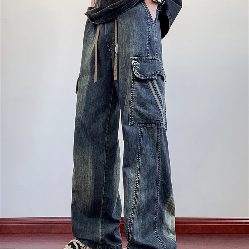 Summer mens jeans with flap pockets lightweight denim cargo pants large size 8XL 7XL 6XL wide leg pocket jeans straight pants 250423