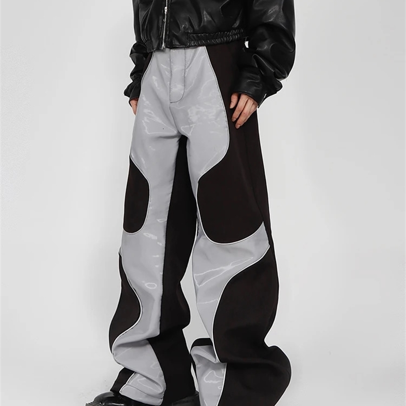 Mauroiardi Spring Autumn Cool Long Loose Casual Soft Patch Work Pu Leather Pants Mens er Clothing Trousers 241007