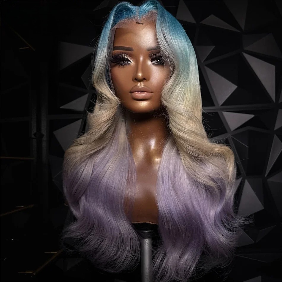 Ombre Blue Purple Colored Body Wave Human Hair Wig 13x6 13x4 Lace Front Wigs Brazilian Hair Glueless Wigs Ready To Wear Pre Plucked For Women