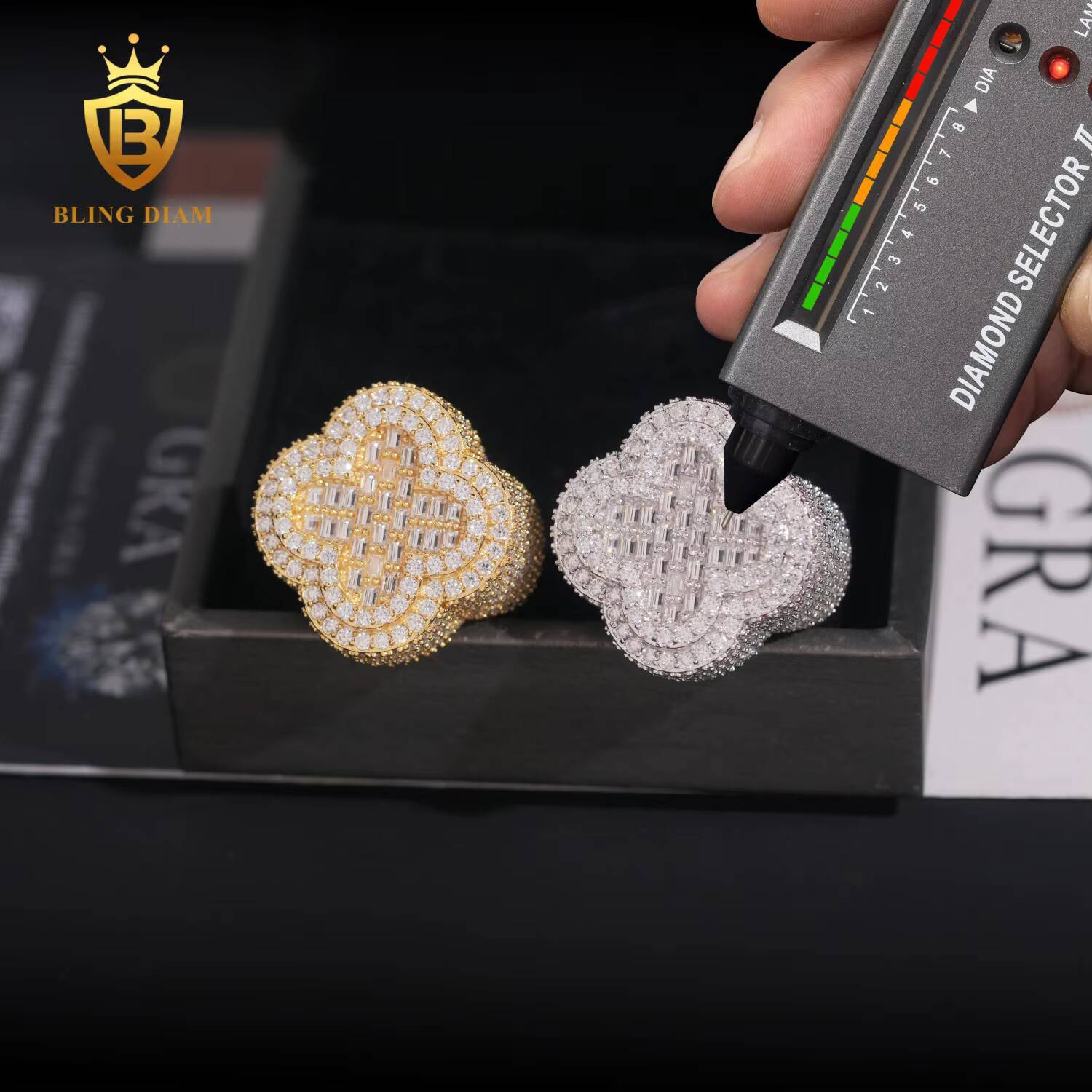 Hip Hop Jewelry 925 Sterling Silver Gold Plated Men Cuban 4 Four Leaf Clover Rings Vvs Moissanite Iced Out Pass Diamond Tester