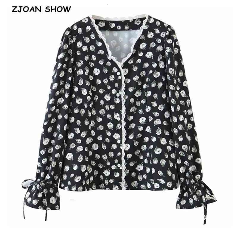 Spring CHIC Spliced Lace White Flower Print Shirt Black Women Single-breasted buttons Tie Bow Cuff Blouse Girl's Tops 210429