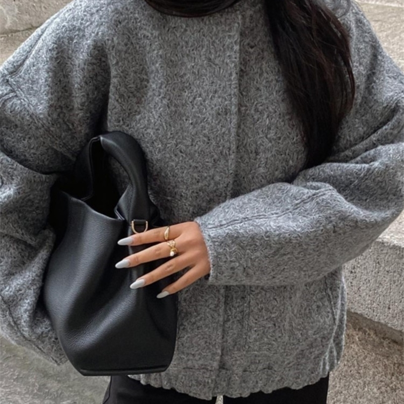 Women's Jackets Chic Single Breasted Button Bomber Jacket Women Elegant O Neck Long Sleeve Pocket Coat Fashion Solid Streetwear Female Outwear 23