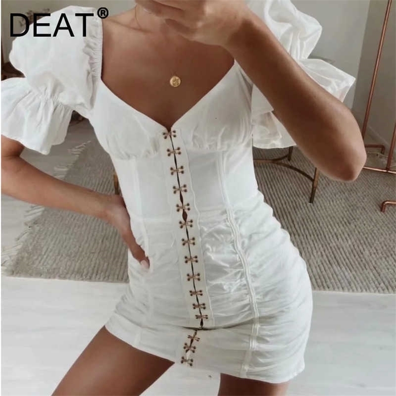 DEAT Spring Arrival Solid Short Puff Sleeve Square Collar High Waist Vintage Style Button Slim Mini Pleated Dress MZ029 210709