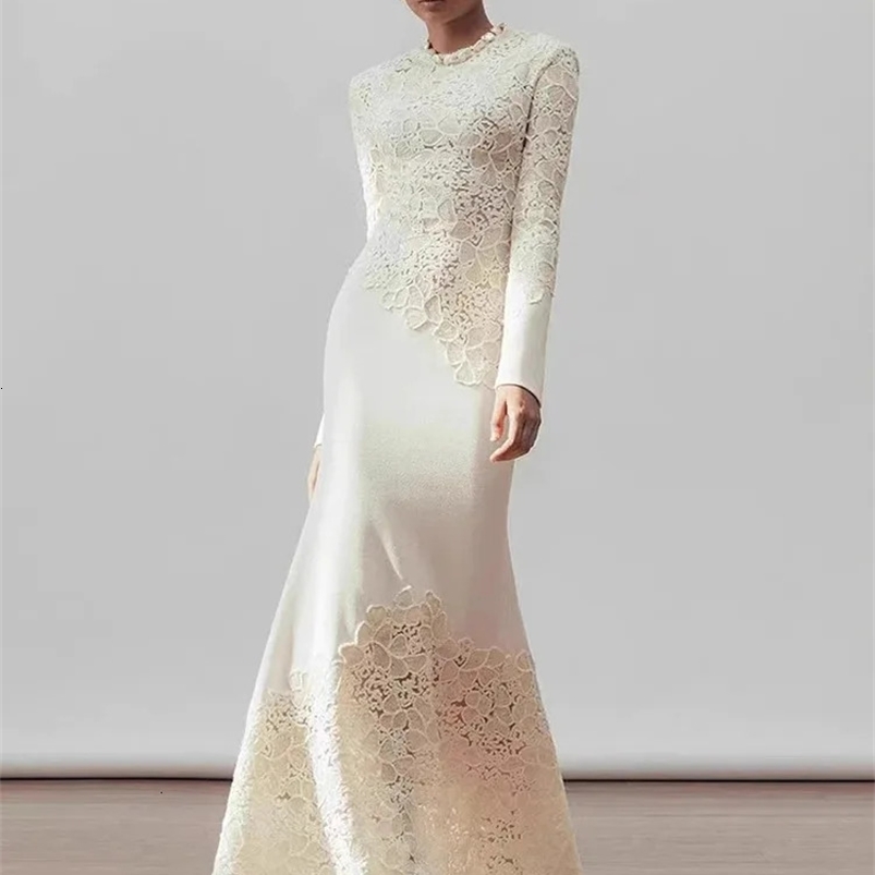 DEAT Elegant Dress Asymmetric Hollow Lace Hook Bracket Collar Fish Tail Womens Evening Dress 2025 Spring 13DL998 250103