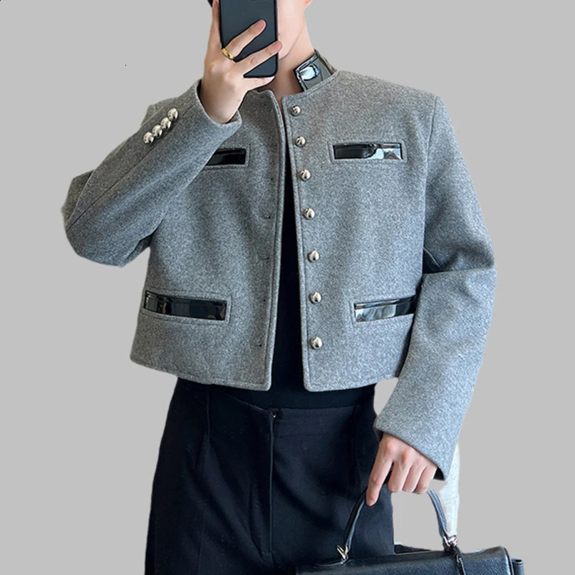 Retro mens jacket wool patch PU leather frame collar long sleeved fashionable warm casual crop 240904