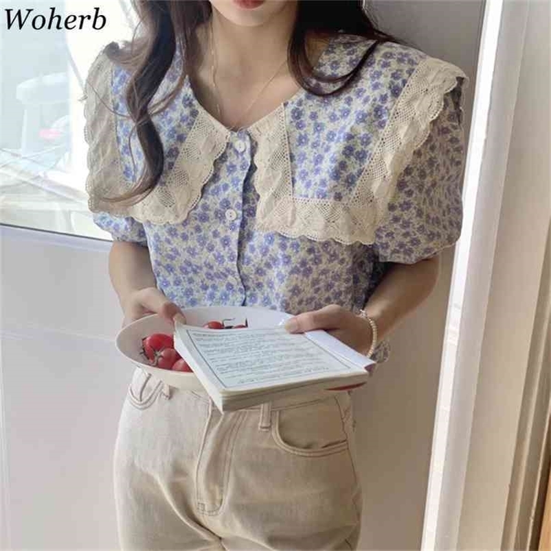 Puff Sleeve Blouses Women Lace Peter Pan Collar Tops Floral Print Summer Vintage Korean Blusas Mujer Cute Shirt Ins 210519