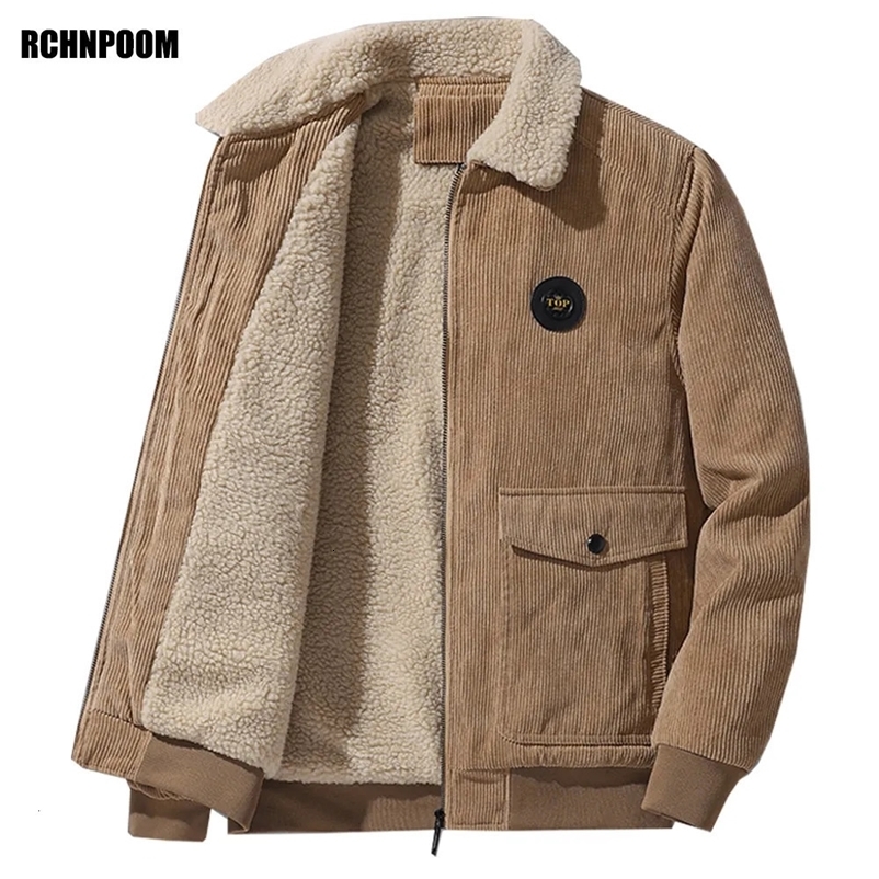Winter Fleece Jacket Men Warm Thick Corduroy Fur Collar Coat Male Jacket Casual Fashion Outdoor Windproof Outwear Men 240106