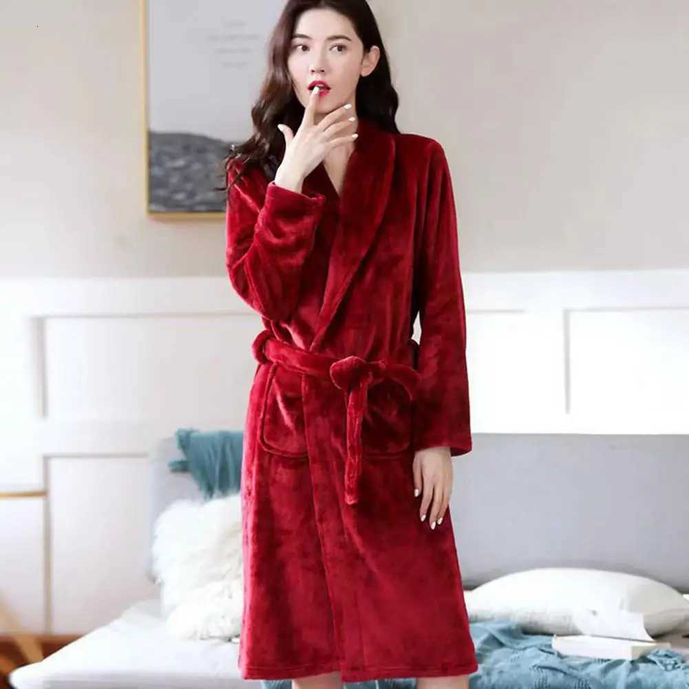 Coral Fleece Women Men Bathrobe Thick Warm Water Absorbent Winter Lace Up Cardigan Lapel Pockets Bath Robe Nightgown Dress Z250924