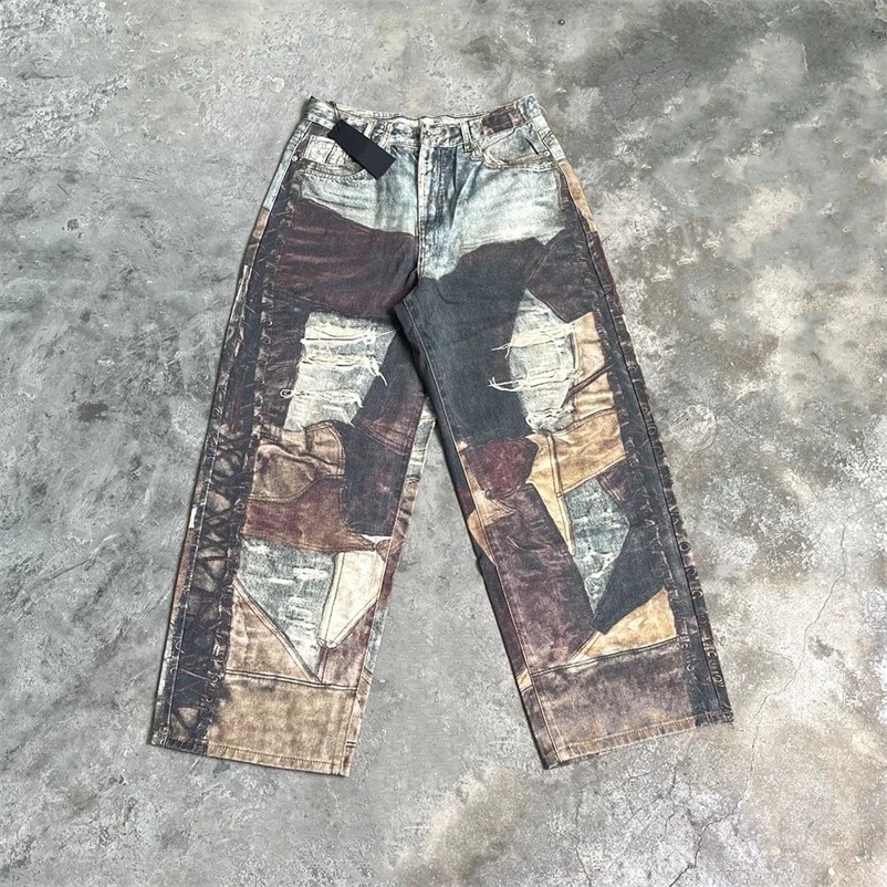 Yao888 Fashion Niche Graphics Print Casual Pants Vintage Streetwear Loose All Match Trousers Y2k Retro Jeans For Men 240812