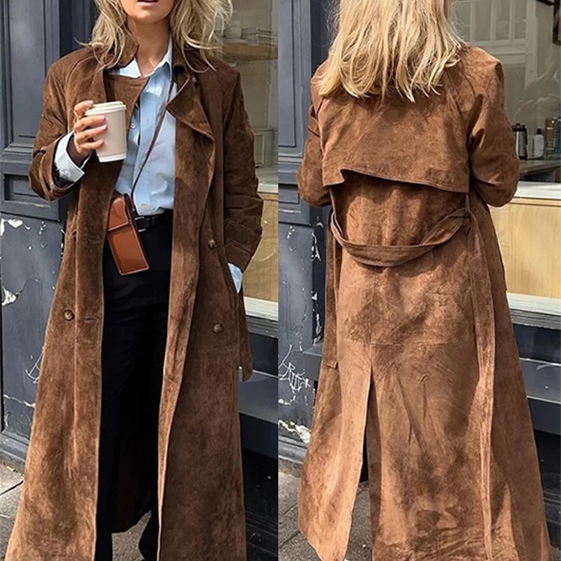 Elegant suede long trench coat womens waistband double chest full sleeves brown windproof machine autumn womens street coat 241031