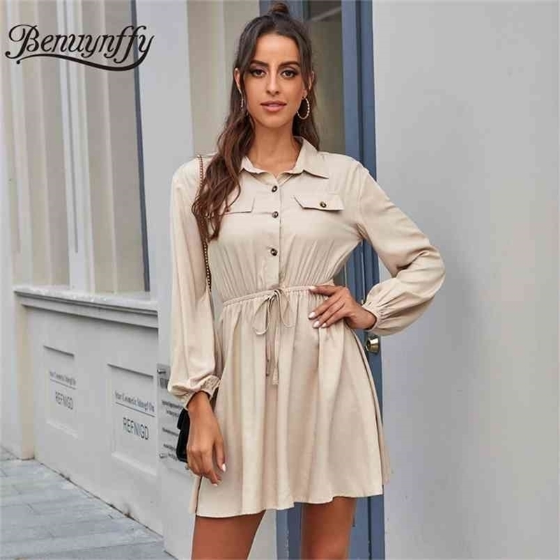 Vintage Lapel Button Women Shirt Dress Autumn Casual Office Long Sleeve Ladies A-line Drawstring Waist Mini Dresses 210510