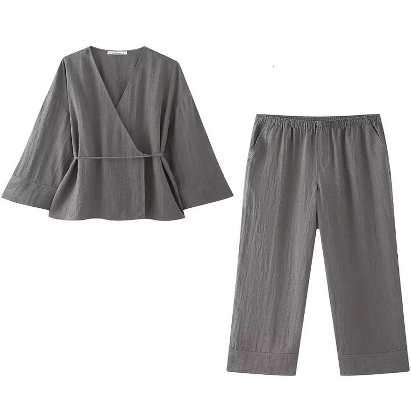 Willshela Women Fashion Two Piece Set Grey Lace Up Loose Coats Vintage High Elastic Waist Trousers Feamle Chic Lady Pants Sets 240423