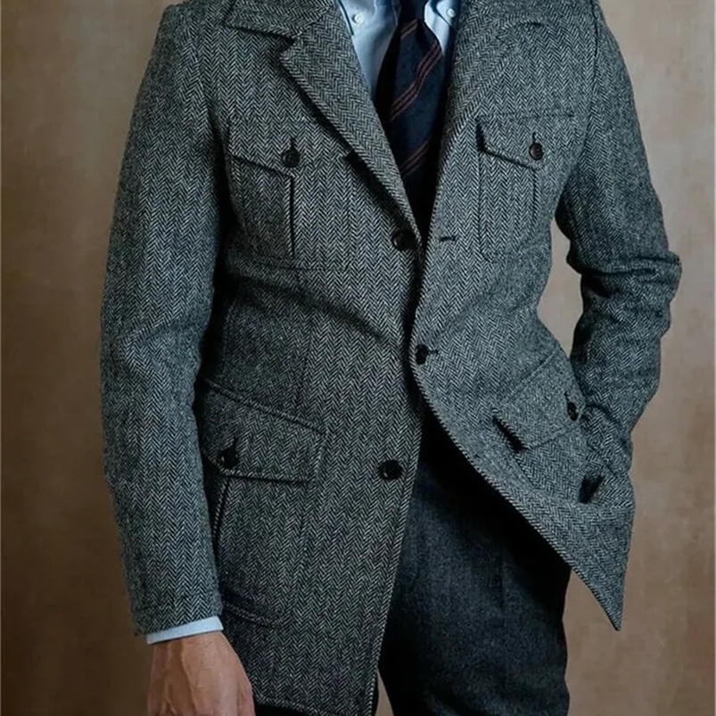 Vintage England Style Mens Blazer Slim Fit Notch Lapel Tweed Herringbone Tuxedo Groom Wedding Suits Jacket Male Coat Custom 240914