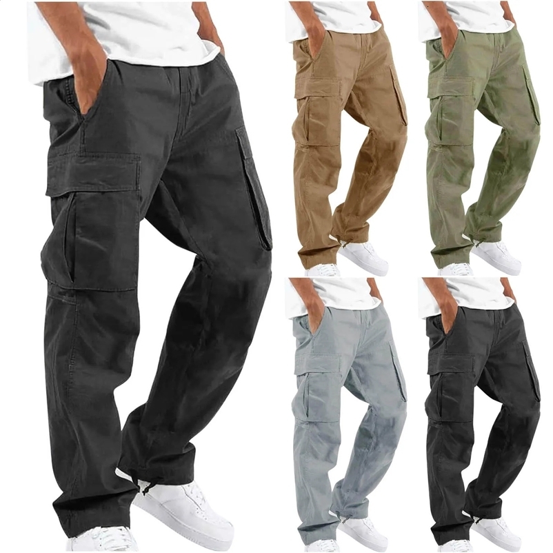 Men Spring Casual Trousers Solid Color Multi-Pocket Loose Straight Sports Fitness Pants Outdoor Cargo Pants Men 250122