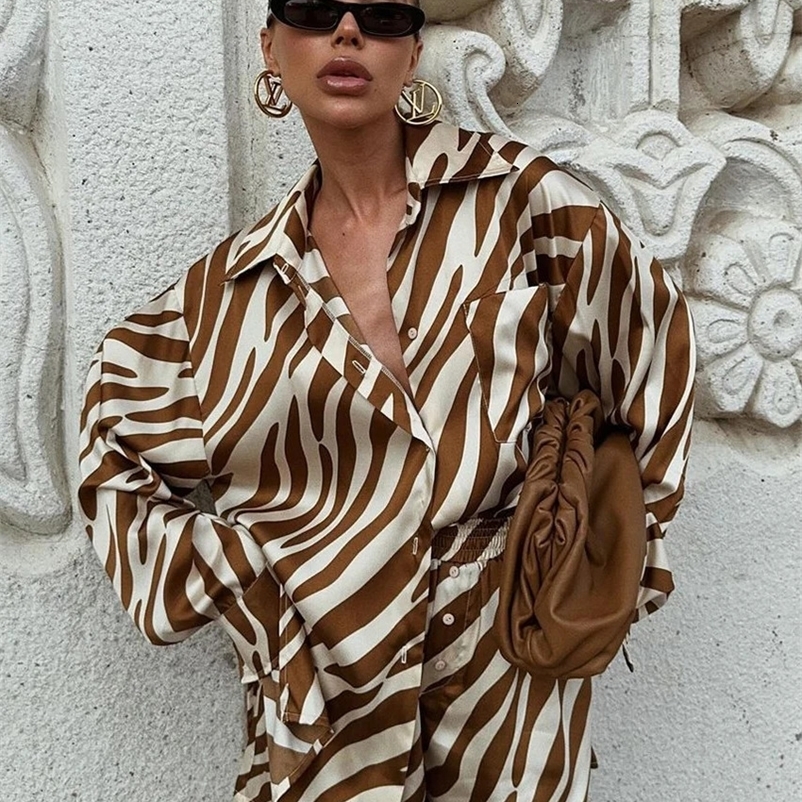 Clacive Fashion Loose Stripe Printed 2-piece Womens Dress Elegant Long Sleeve Shirt High Waist Shorts Set for Women 250318