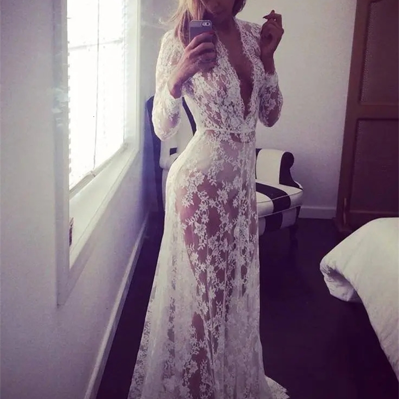 Europe and The United States Style White Sexy Deep V-neck Long Sleeve Lace Perspective Tight Tail Dress Maternity Po Dress 240518