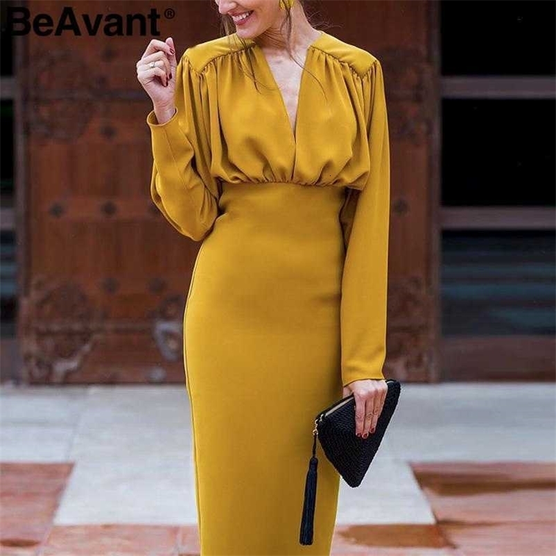 BeAvant Elegant bodycon autumn office dress women V neck batwing sleeve female mermaid dresses High waist slim ladies vestidos 210709