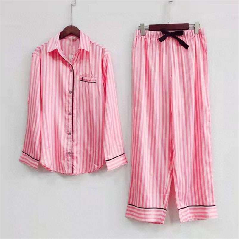 Women's Sleepwear Long Sleeve Pajamas for Women Striped Satin Silk Pajama Set Sleepwear Fashion Style Loungewear Ladies Lounge Wear Winter Clothe