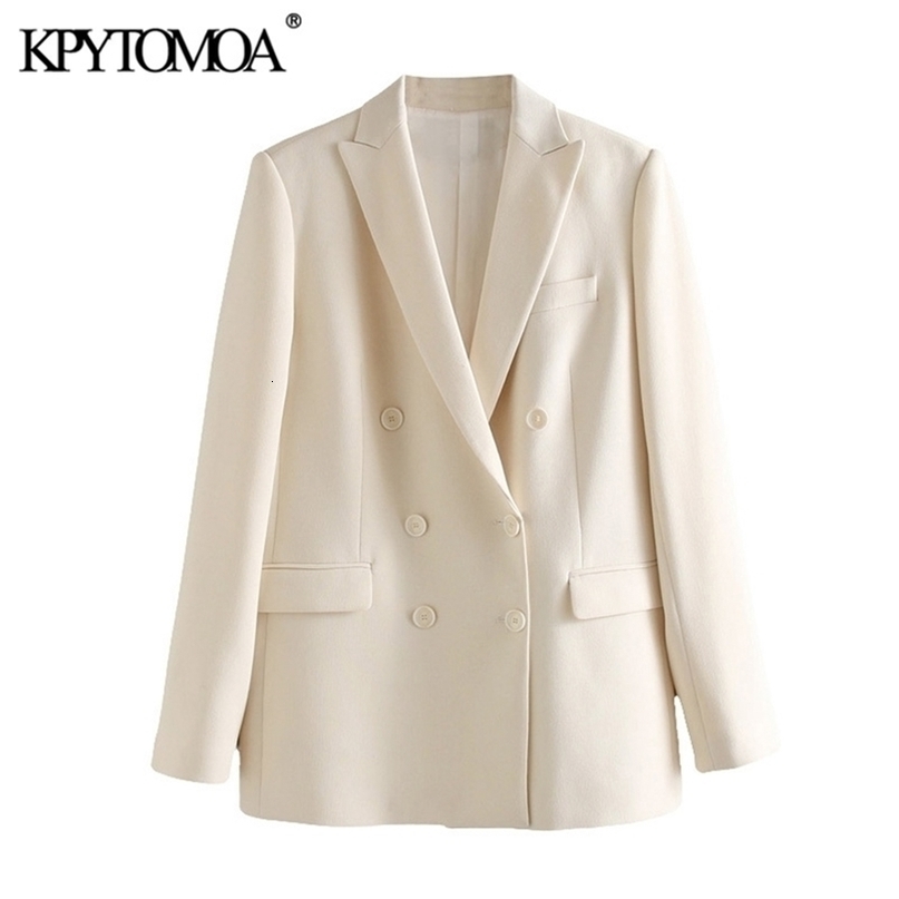 KPYTOMOA Women Fashion Office Wear Double Breasted Blazer Coat Vintage Long Sleeve Pockets Female Outerwear Chic Tops 201106