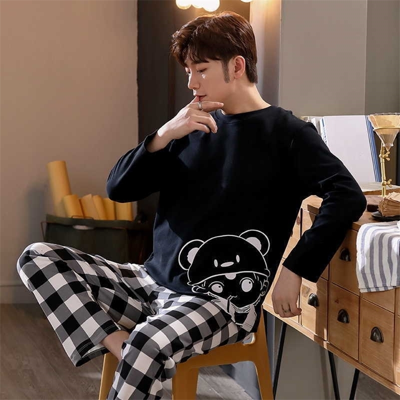 Home Wear Men's Pajamas Set Autumn Winter Soft Warm Cotton Men Pajamas Sets Long Sleeve Sleepwear Set Leisure HomeWear Clothes 211014
