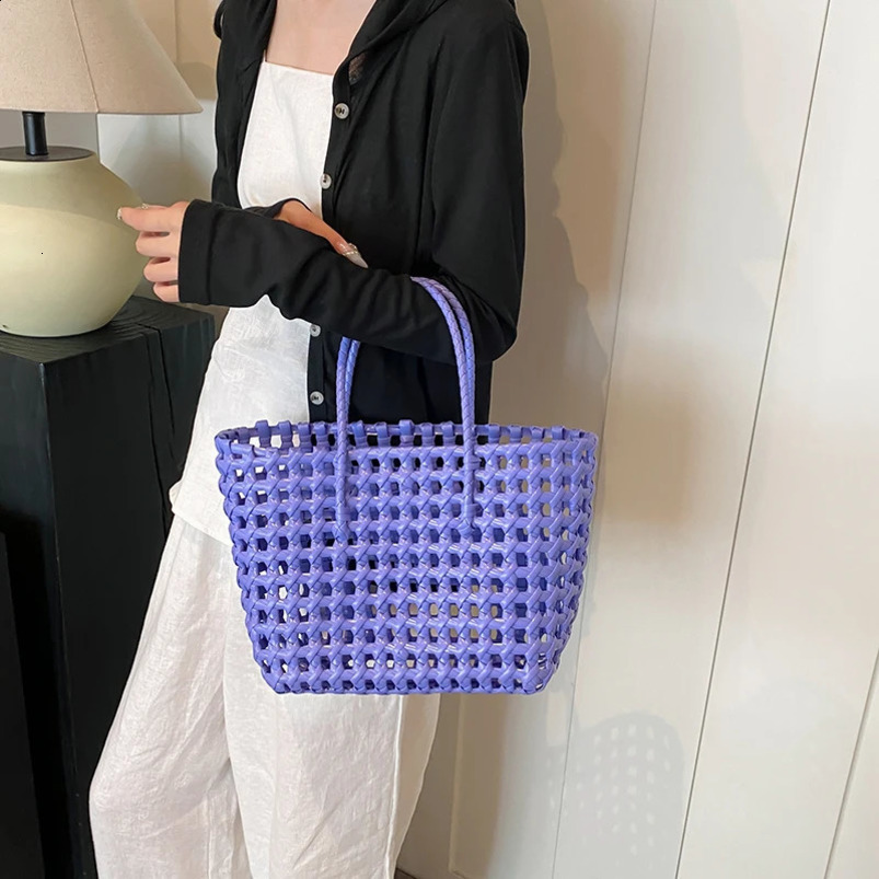 PVC Woven Tote Bag Summer Beach Large Capacity Cute Jelly Hollow Out Plastic Hobo Market Basket 240723