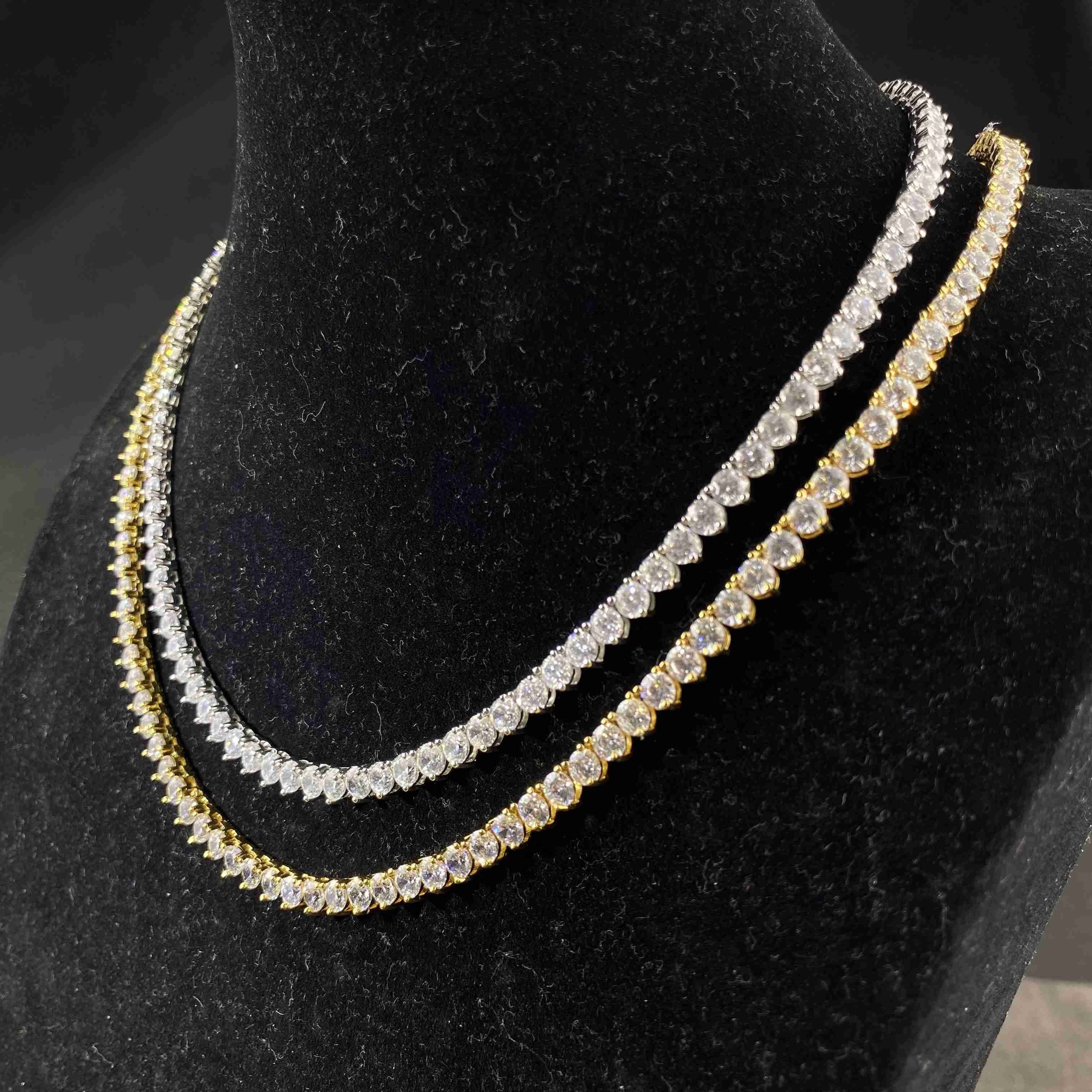 Hot Sell Hiphop Chain 4mm Setting CZ 3 Prong Tennis Chain Necklace Silver Color Yellow Moissanite Women Necklace