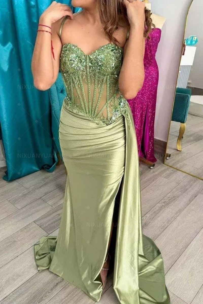 Sage Green Spaghetti High Split Prom Dresses For Black Girls Mermaid Elegant Dress special Party Formal Gowns Satin Arabic