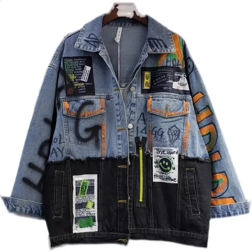 Autumn Winter Creative Patchwork Graffiti Pattern Denim Coat Spliced Jeans Jacket Cowboy Cardigan Crop Tops Chaquetas 250228