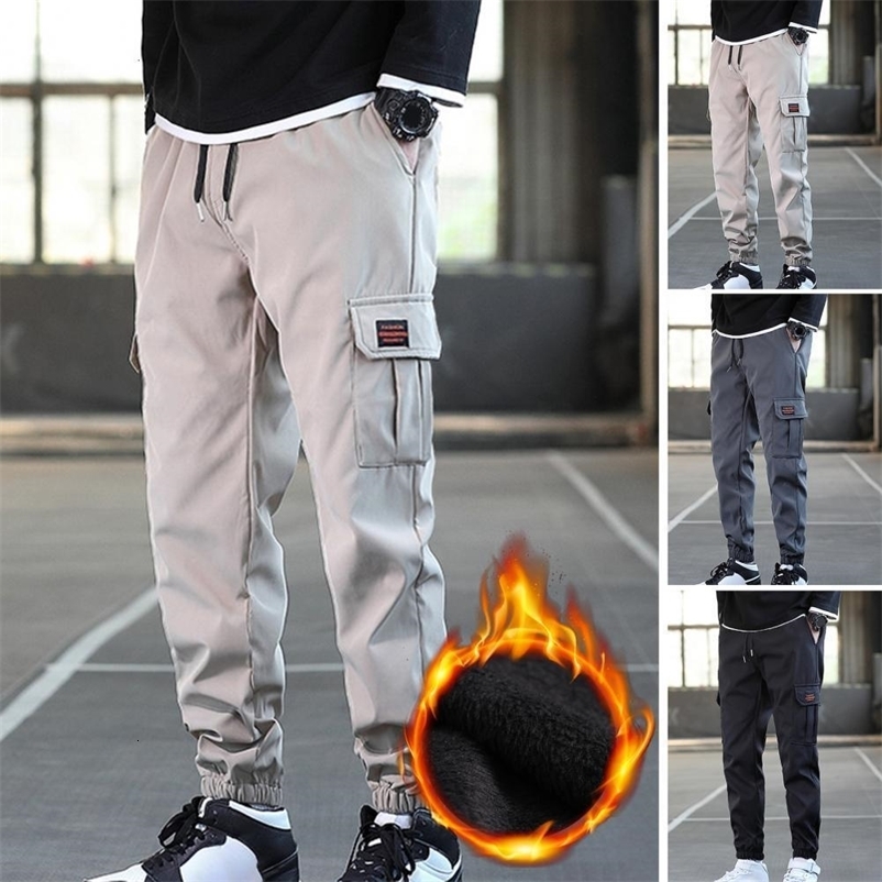 Men's Pants Men Pants Solid Color Multi Pockets Drawstring Plush Lining Cold Proof Autumn Winter Thicken Ankle Tied Cargo Pants for Working 23032