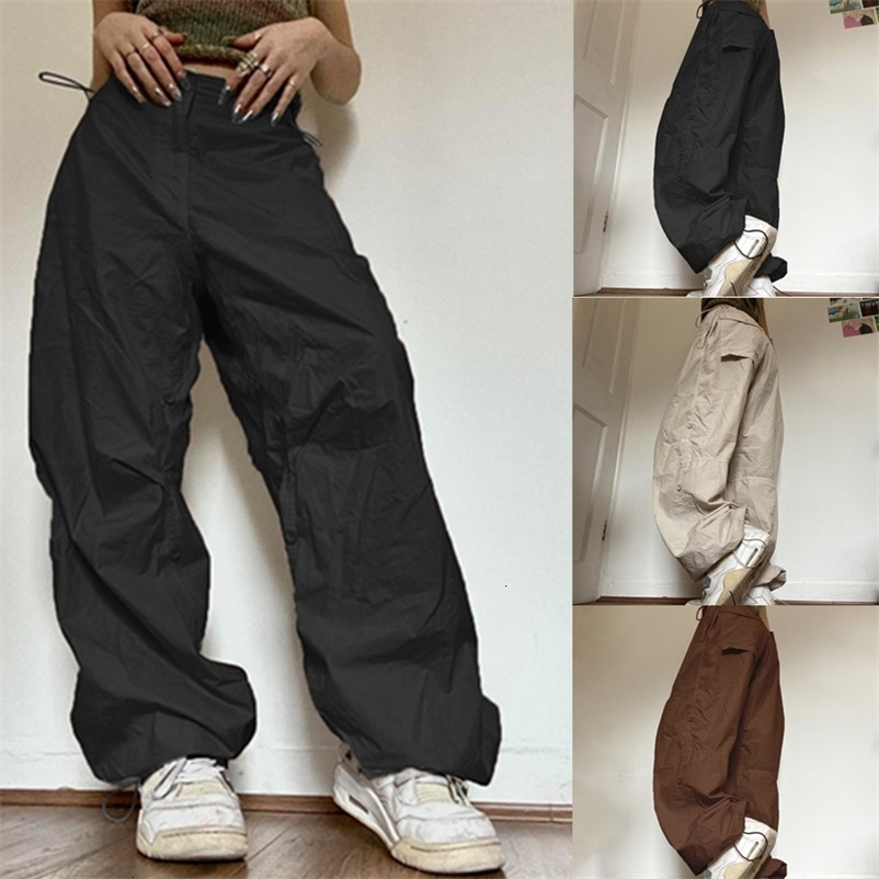 Women's Pants Capris Women Y2K Cargo Pants Casual Low Waist Drawstring Joggers Tech Baggy Trousers Vintage Loose Solid Wide Leg Pants Streetwear 