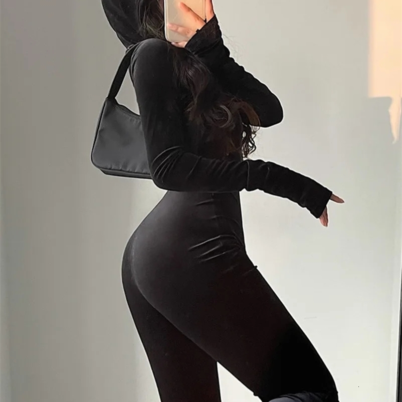 TVVOVVIN Fashion Black Velvet Slim Hooded Zipper Long Sleeve Flare Pants Jumpsuit Rompers Korean Sexy Tops 9P64 240129
