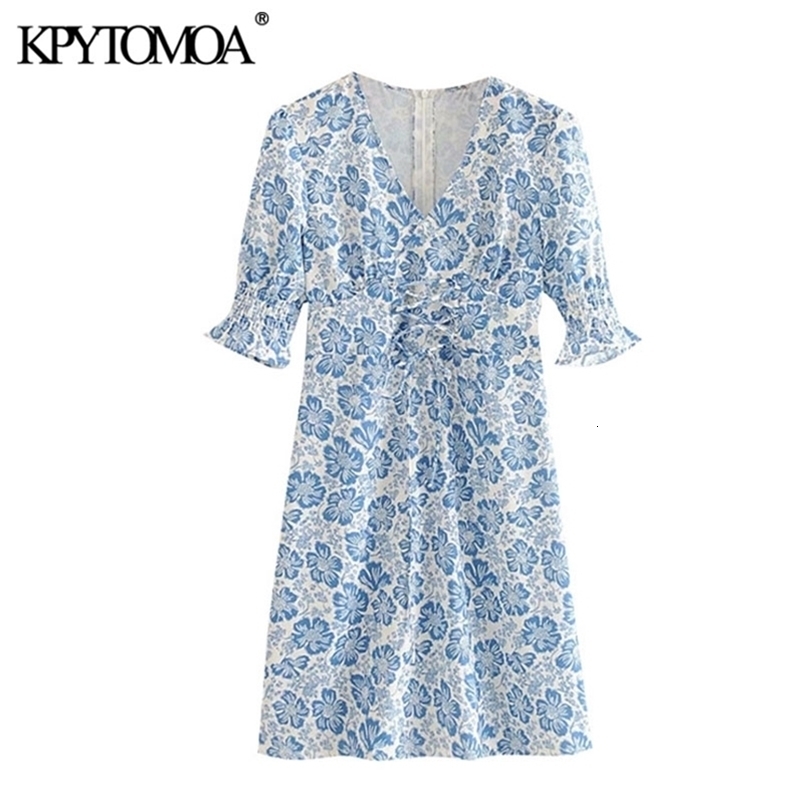 Women Chic Fashion Floral Print Mini Dress Short Sleeve Drawstring Tied Female Dresses Vestidos Mujer 210420