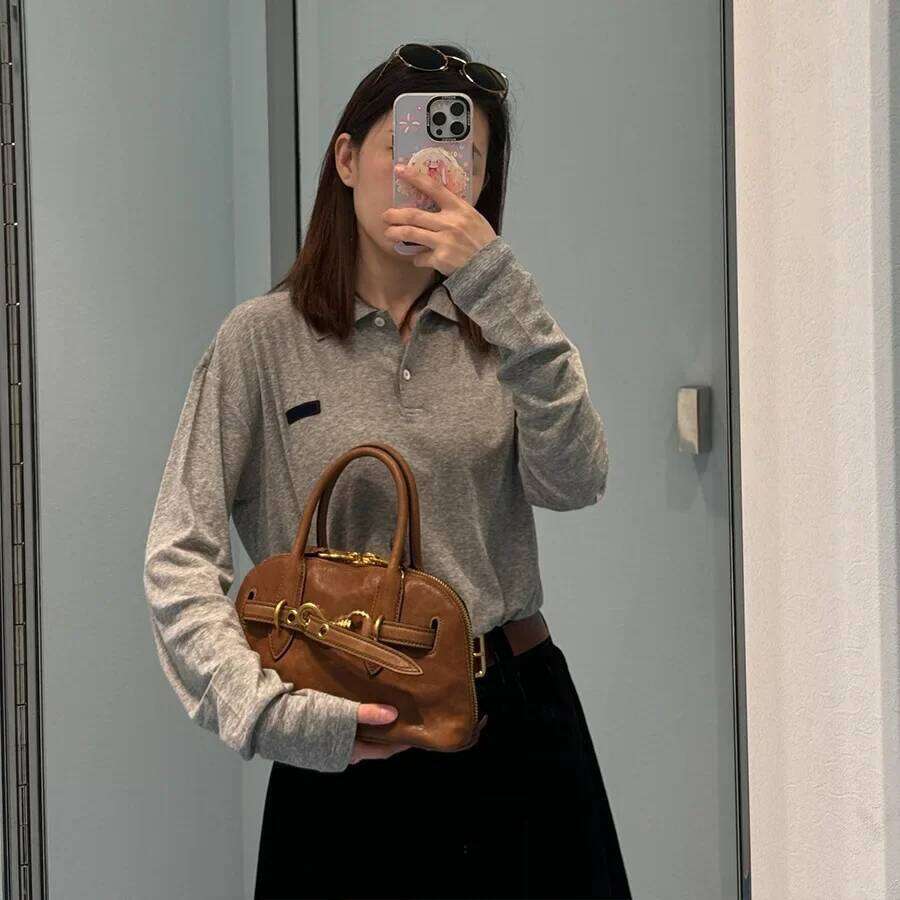 Fashionable Casual Miu Style Polo Neck T-Shirt Autumn Winter Simple Design Youthful Embroidery Versatile Top For Women