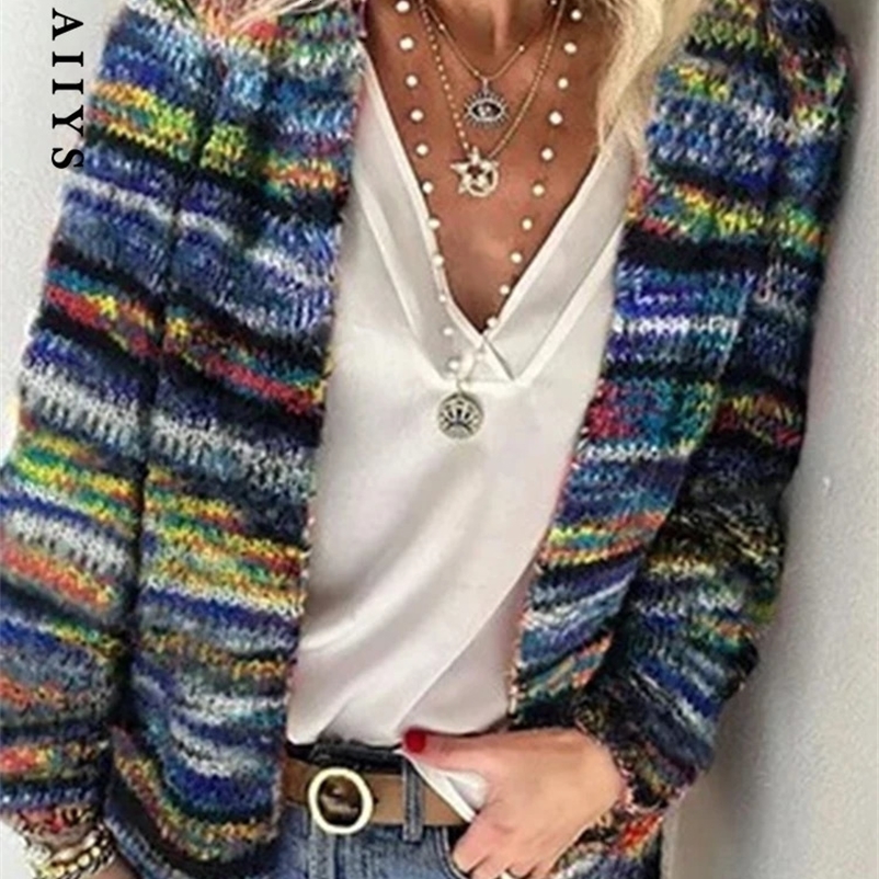 Aoaiiys Rainbow Striped Cardigan Women Knitted Sweater Pocket Long Sleeve Cardigan Fashion Casual Autumn Winter Sweater Coat 240912