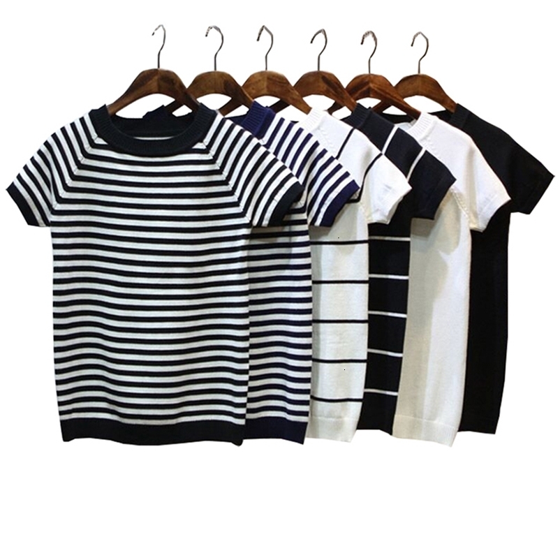 Women's Sweaters Summer Short Sleeve Striped Pullover Women Sweater Knitted Sweaters O-Neck Tops Korean Pull Femme Jumper Female White Black 2308