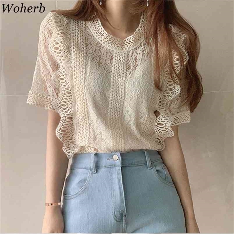 Plus Size Short Sleeve Shirts Hollow Out Korean Fashion Blouse Summer Elegant Lace Tops Women Blusas Mujer Elegante 210519