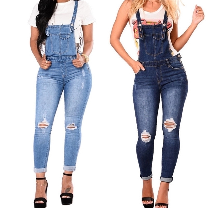 Women's Jumpsuits Rompers Women Strap Denim Jumpsuit Ladies Silm Fit Jeans Rompers Vintage Casual Female Ripped Pocket Suspenders Overall Playsui
