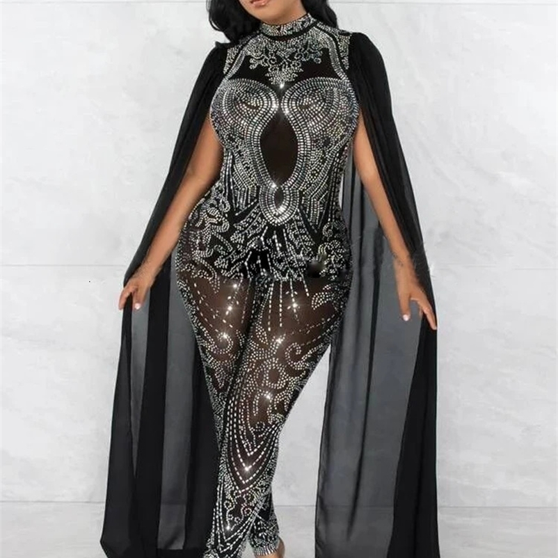 Bonnie Forest Sparkle Black Rhinestones Mesh Shift Long Sleeve Jumpsuits Women Rompers Glitter Skinny Crystal Jumpsuits Clubwear 240129
