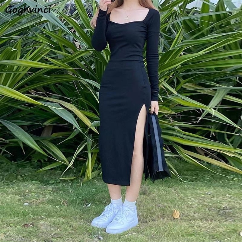 Casual Dresses Women Long Sleeve Dress Mid-calf Length Square Collar Black Sheath Retro Slim Sexy Vintage Side Slit Stretchy All-match Simple 230131