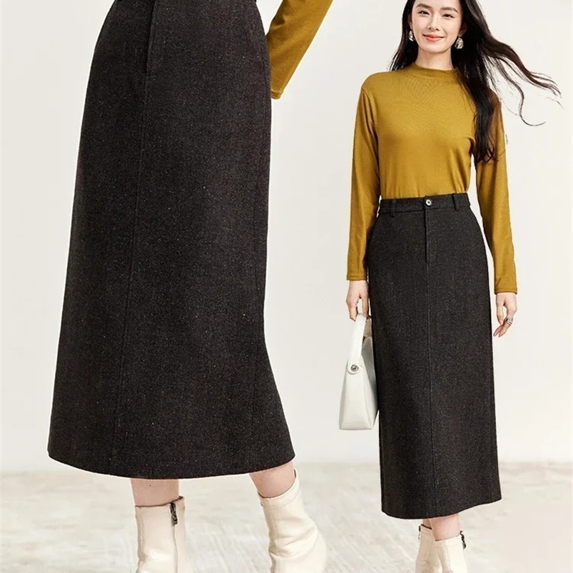 SENTUBILA Straight Wool Skirt Women Winter Retro Elegant Coarse Hemp High Waist Seam Bottom Temperature Long Skirts 144Q56942 241125
