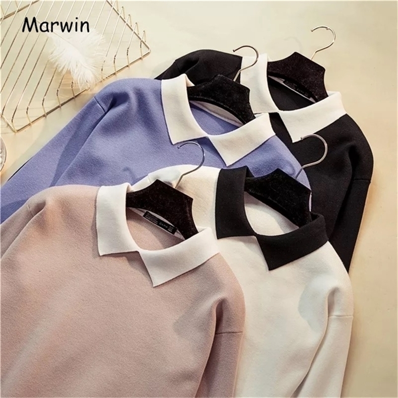 Marwin -Coming Winter Korean Wild White Turn-Down Collar Pullovers Women Sweater Long Sleeve Slim Fit Knittted Preppy Sweater 201223