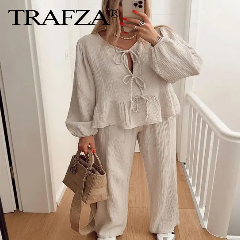 TRAFZA Shirts Pant Sets For Women Elegant Solid Long Sleeve ONeck Lace Up Blouse Loose Trousers Suit Spring Casual Outfit 240423