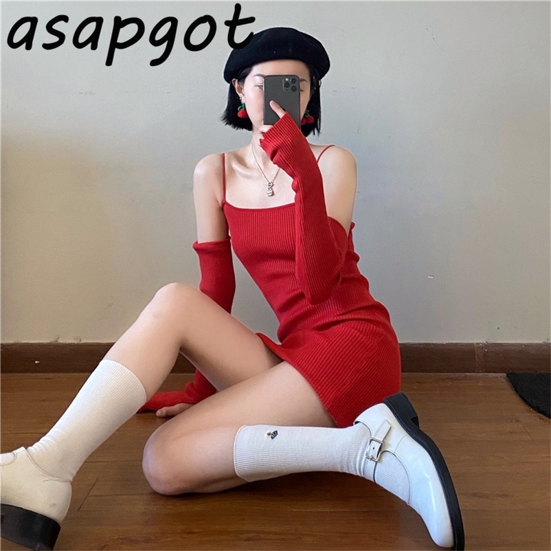 Dresses Sexy Summer Red Spagheti Strap Sleeveless Knitted Dress Women Mini Chic Korean Retro Wild Bodycon Vestido De Mujer 210429