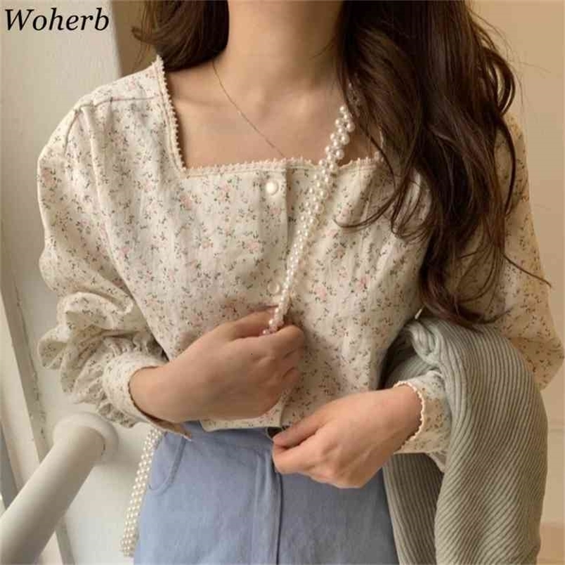 Blouse Plus Size Women Clothing Floral Blouses Square Collar Long Sleeve Shirts Female Roupas Slim Fit Tops 93948 210519