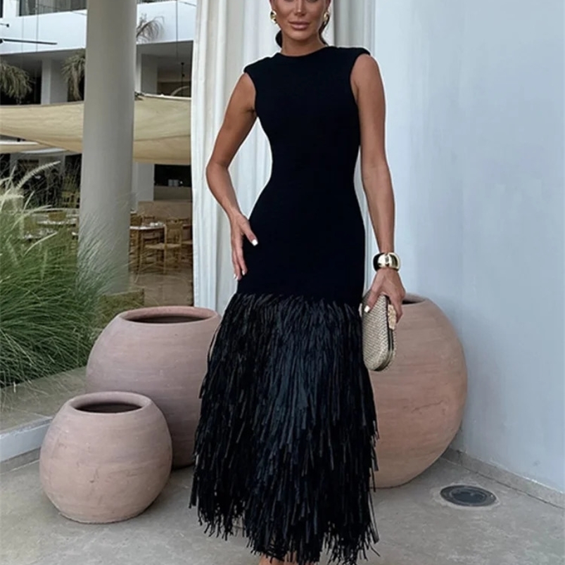 Fashion Tassels Patchwork Women Knit Midi Dress Elegant O-neck Sleveless Backless Zipper Bodycon Dresses Lady High Street Robes 240828