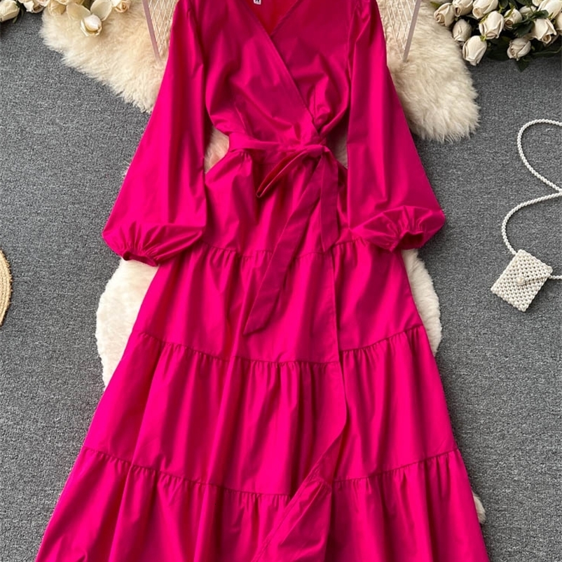 Casual Dresses Aibeautyer Casual Summer Solid Slim Full Lady Dress A Line Chiffon Puff Sleeve Pullover Mid-Calf High Waist Women Dresses 230316