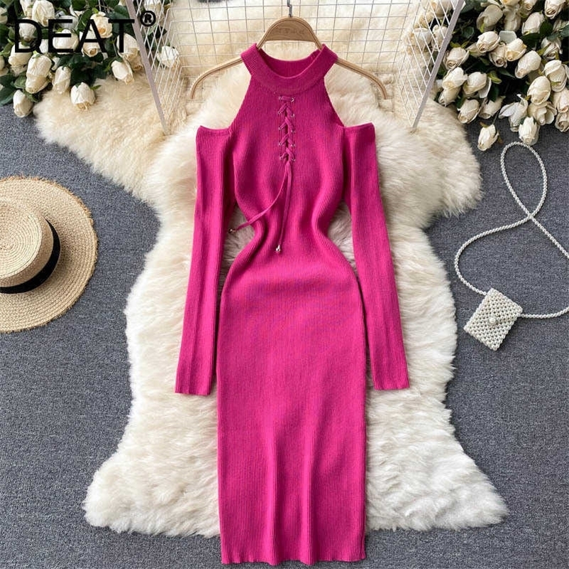 DEAT Women Knitting Dress Round Neck Long Sleeve Arrivals Lady Sexy Hollow Out Fashion Spring Autumn 11D 210709