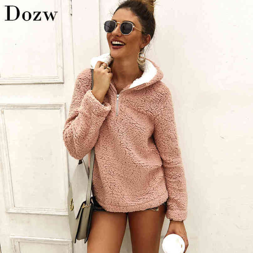 Hoodies Women Sweatshirts Autumn Winter Casual Long Sleeve Fleece Pullover Solid Zipper Hooded Teddy Sweatshirts Sudadera Mujer 210414